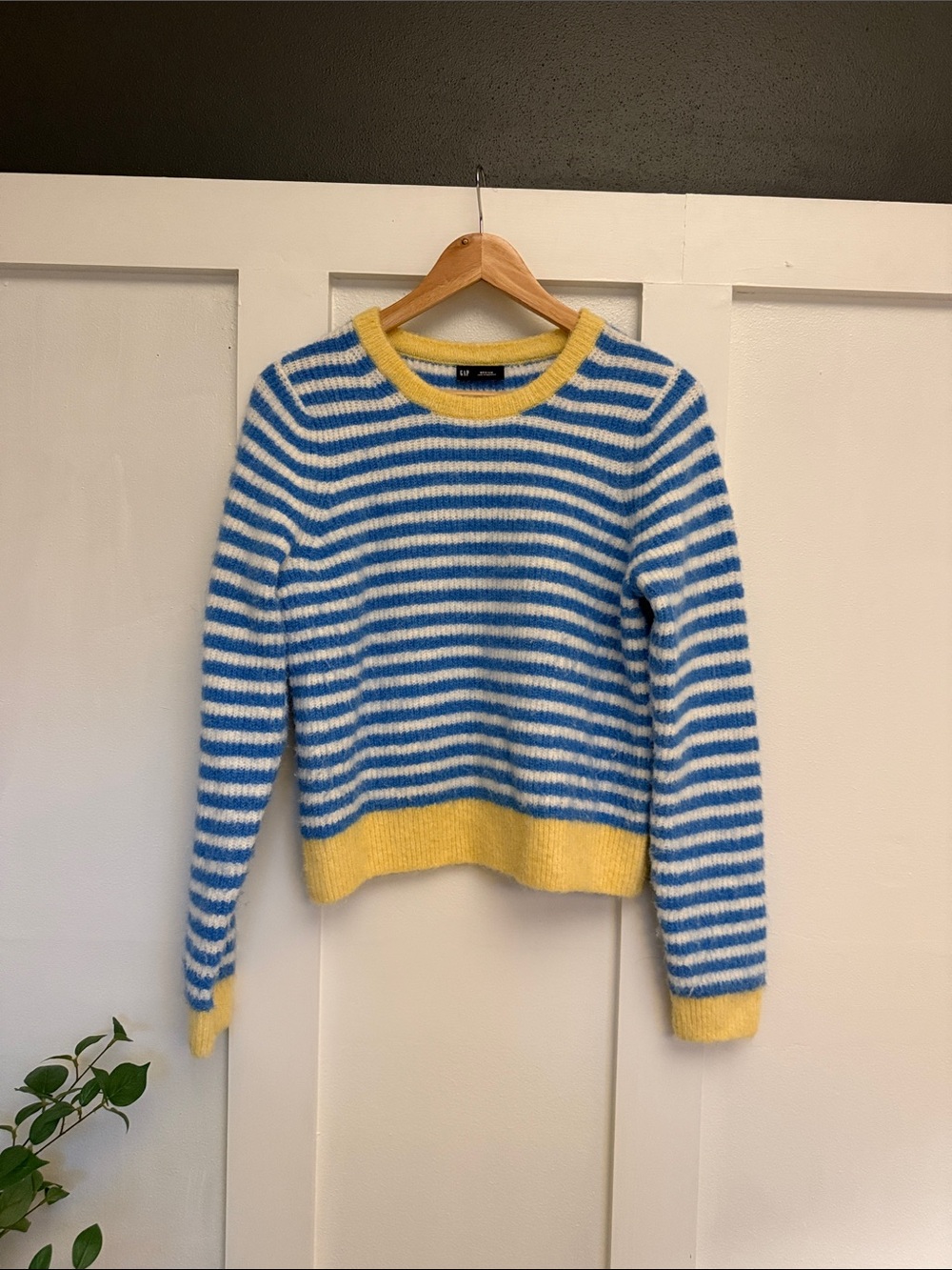 GAP Blue & White Striped Crewneck Sweater with Yellow Trim